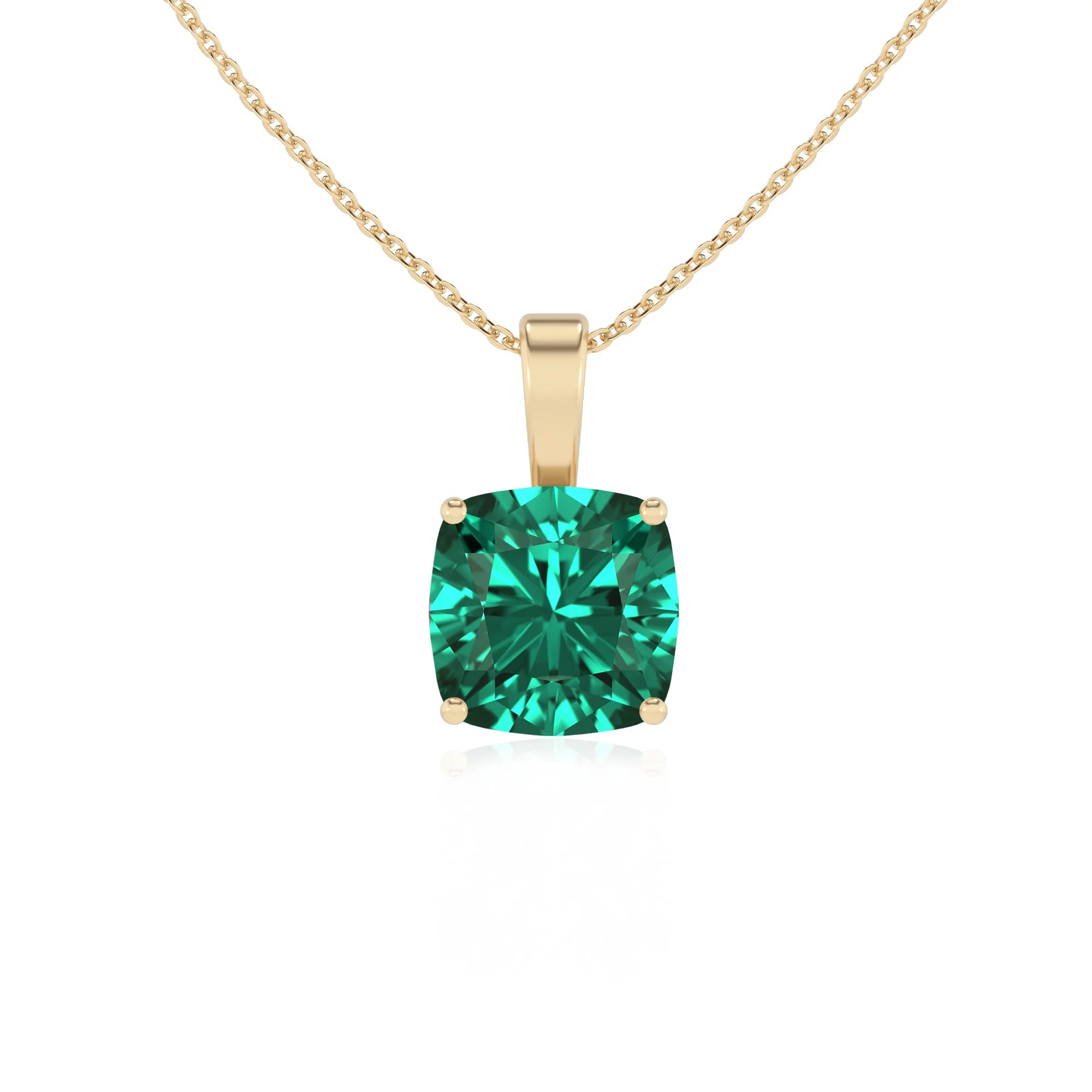 lab grown emerald cushion solitaire necklaces in yellow gold 