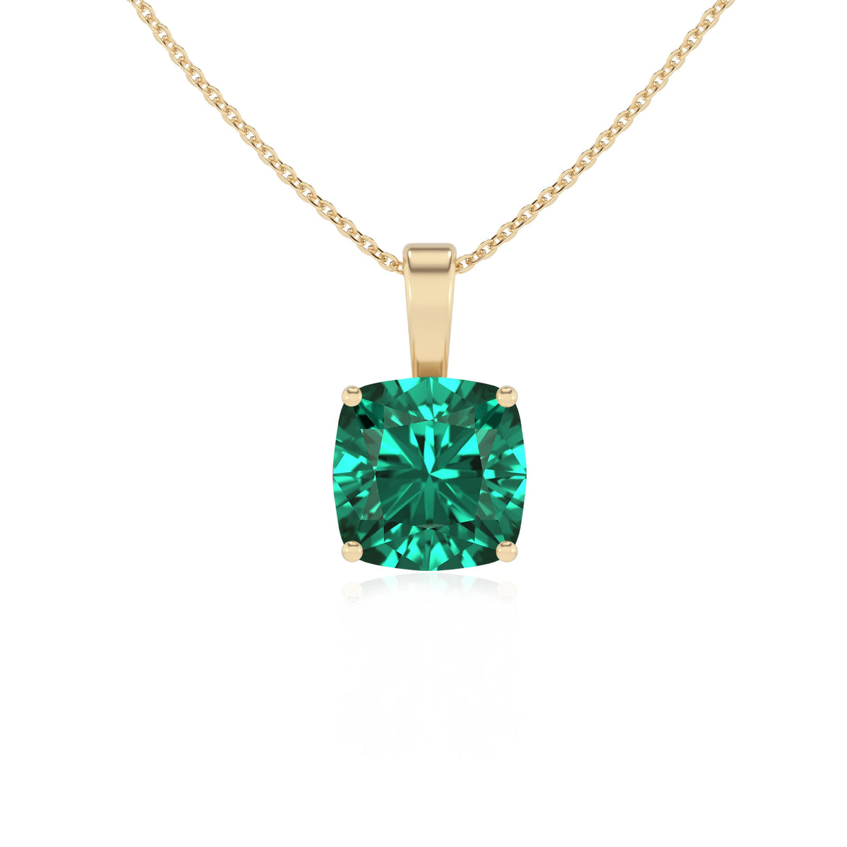 lab grown emerald cushion solitaire necklaces in yellow gold 
