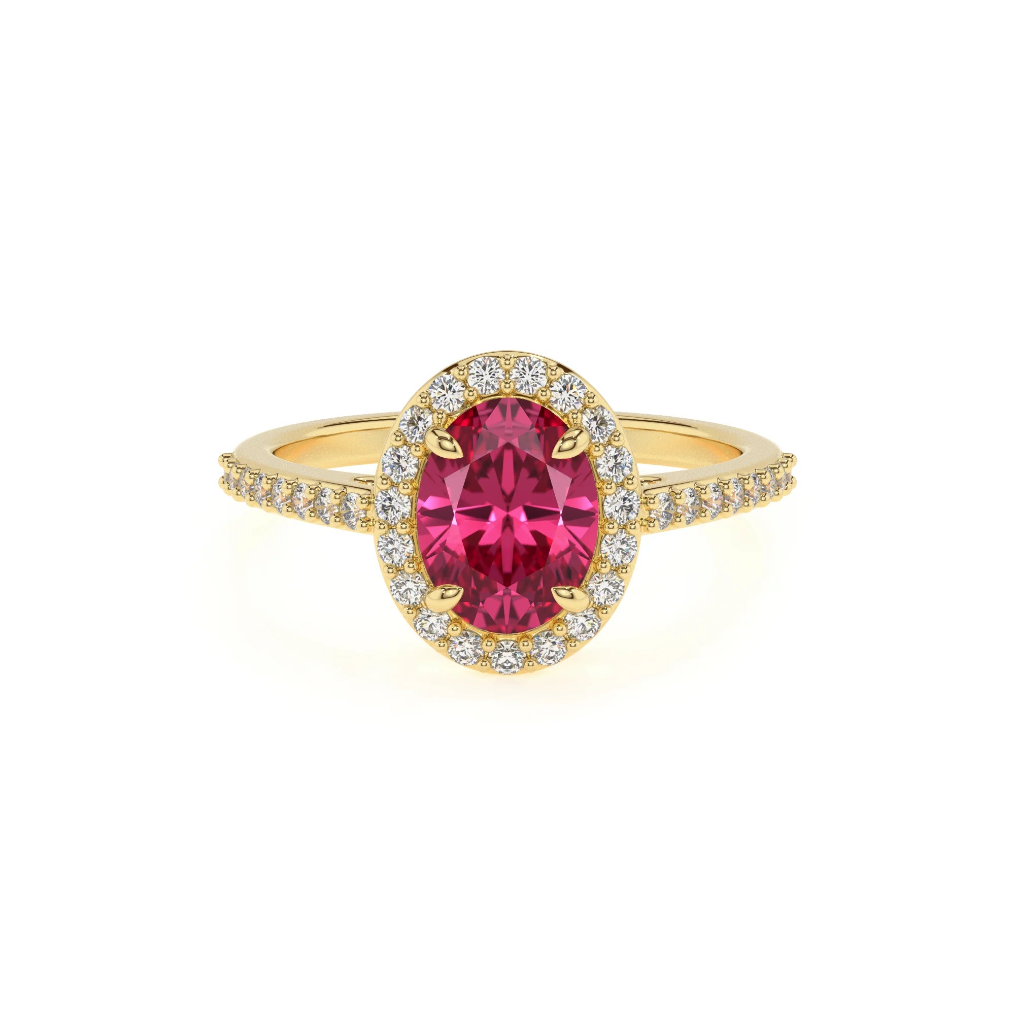 lab grown pink-tourmaline oval solitaire rings in yellow gold 