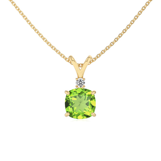 natural peridot cushion solitaire v-bale necklaces in yellow gold 