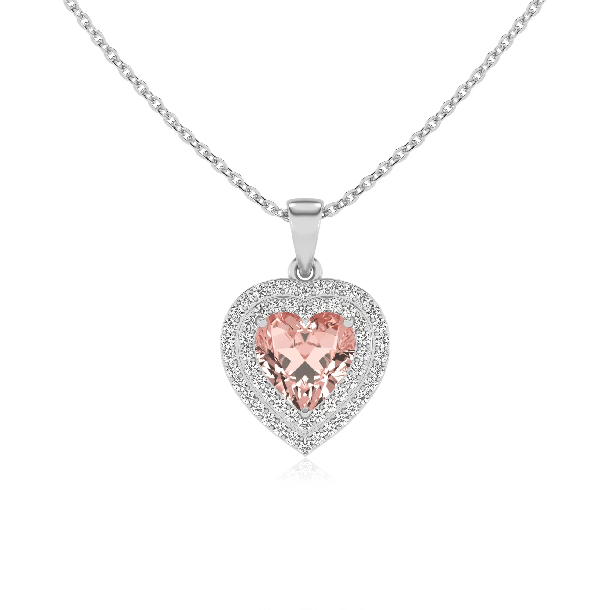 lab grown morganite heart halo necklaces in white gold 
