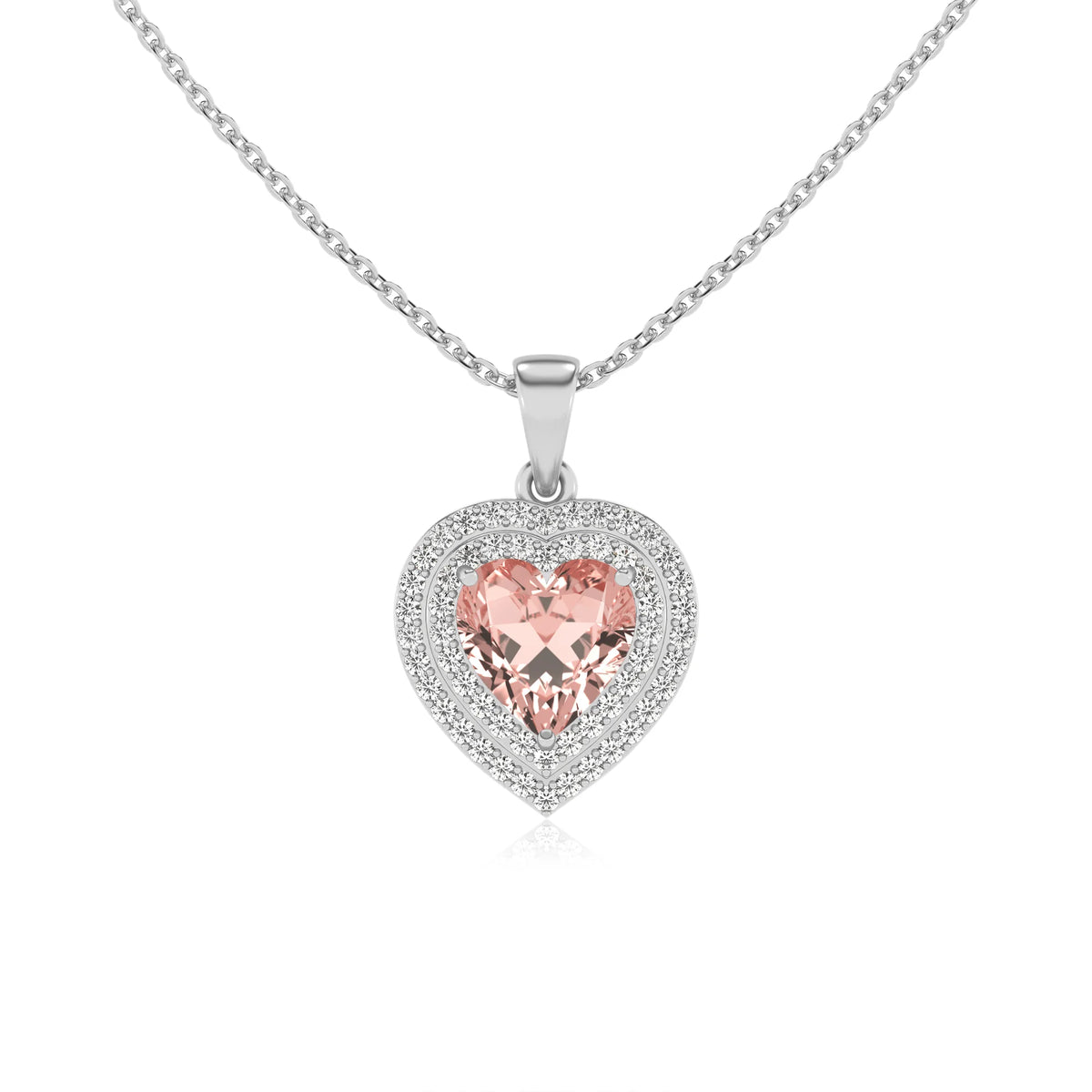 lab grown morganite heart halo necklaces in white gold 