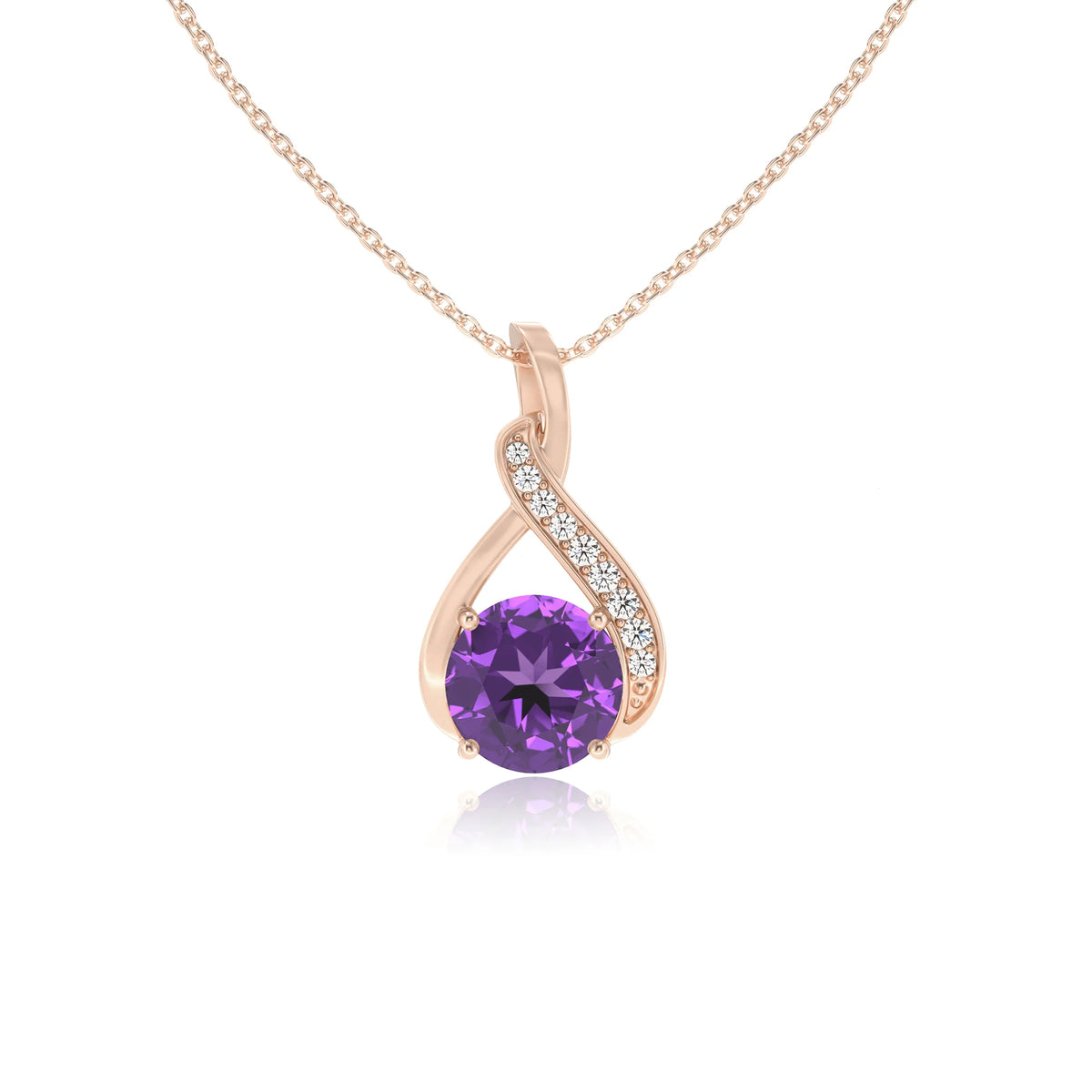 lab grown amethyst round solitaire necklaces in rose gold 