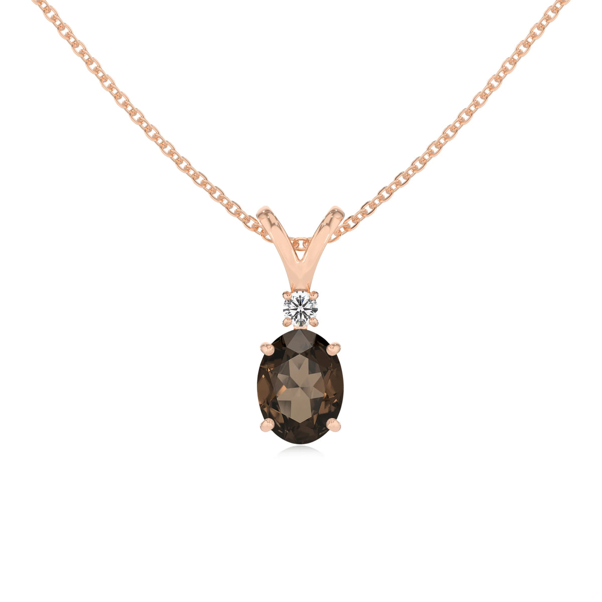 natural smoky-quartz oval solitaire v-bale necklaces in rose gold 