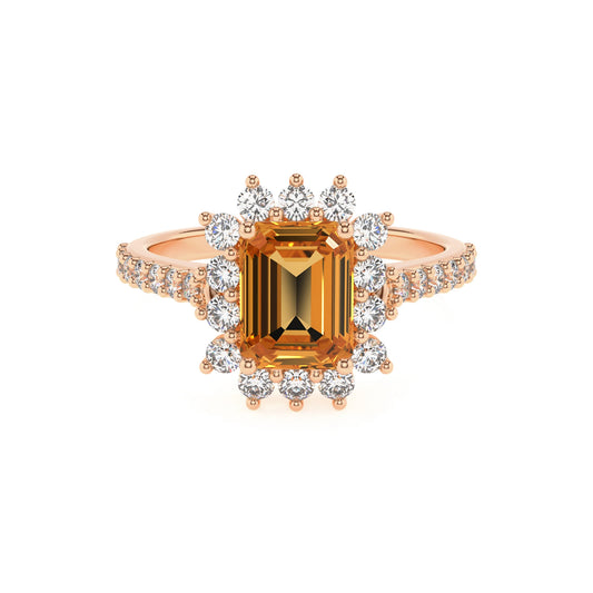 lab grown citrine emerald cut solitaire rings in rose gold 