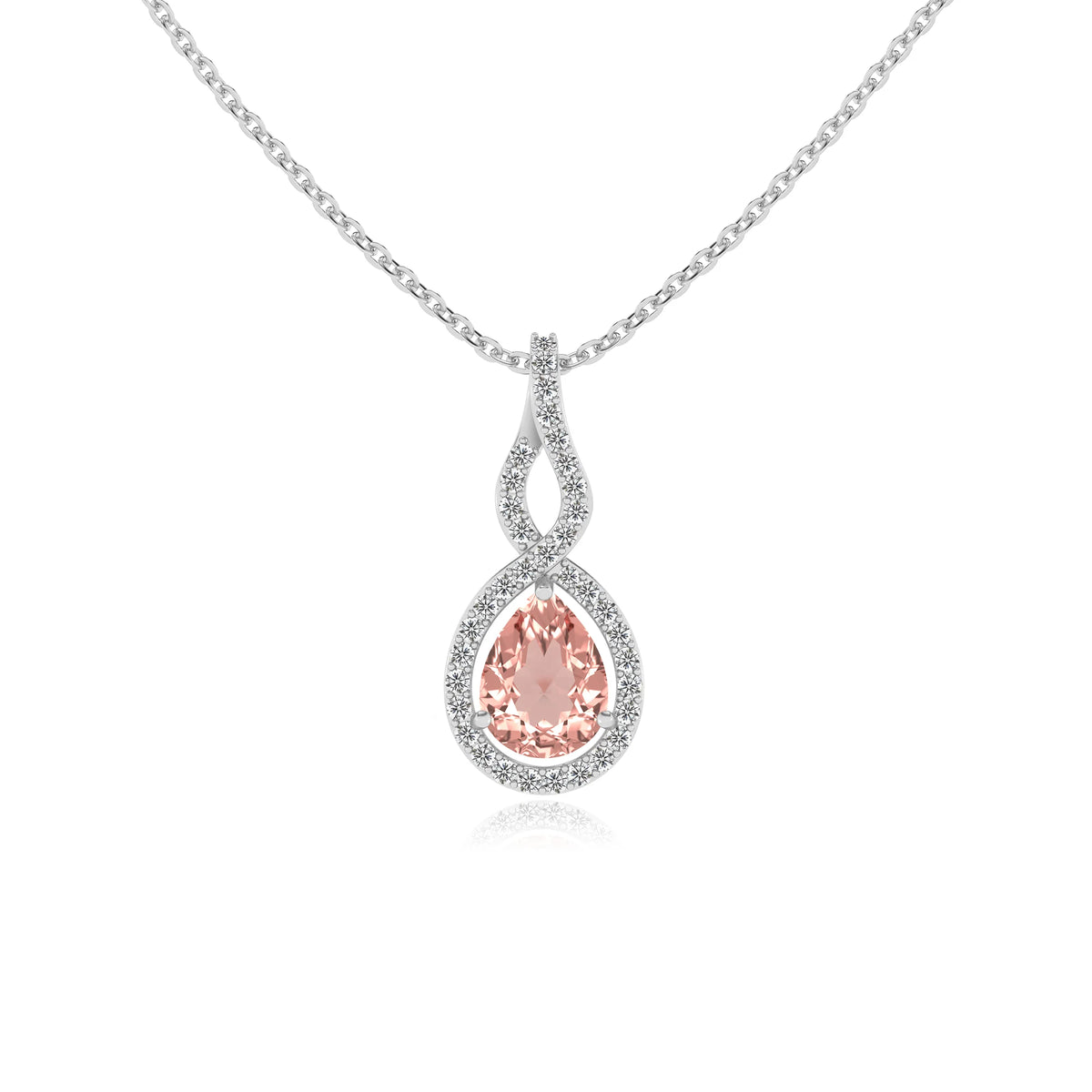 lab grown morganite pear necklaces in white gold 