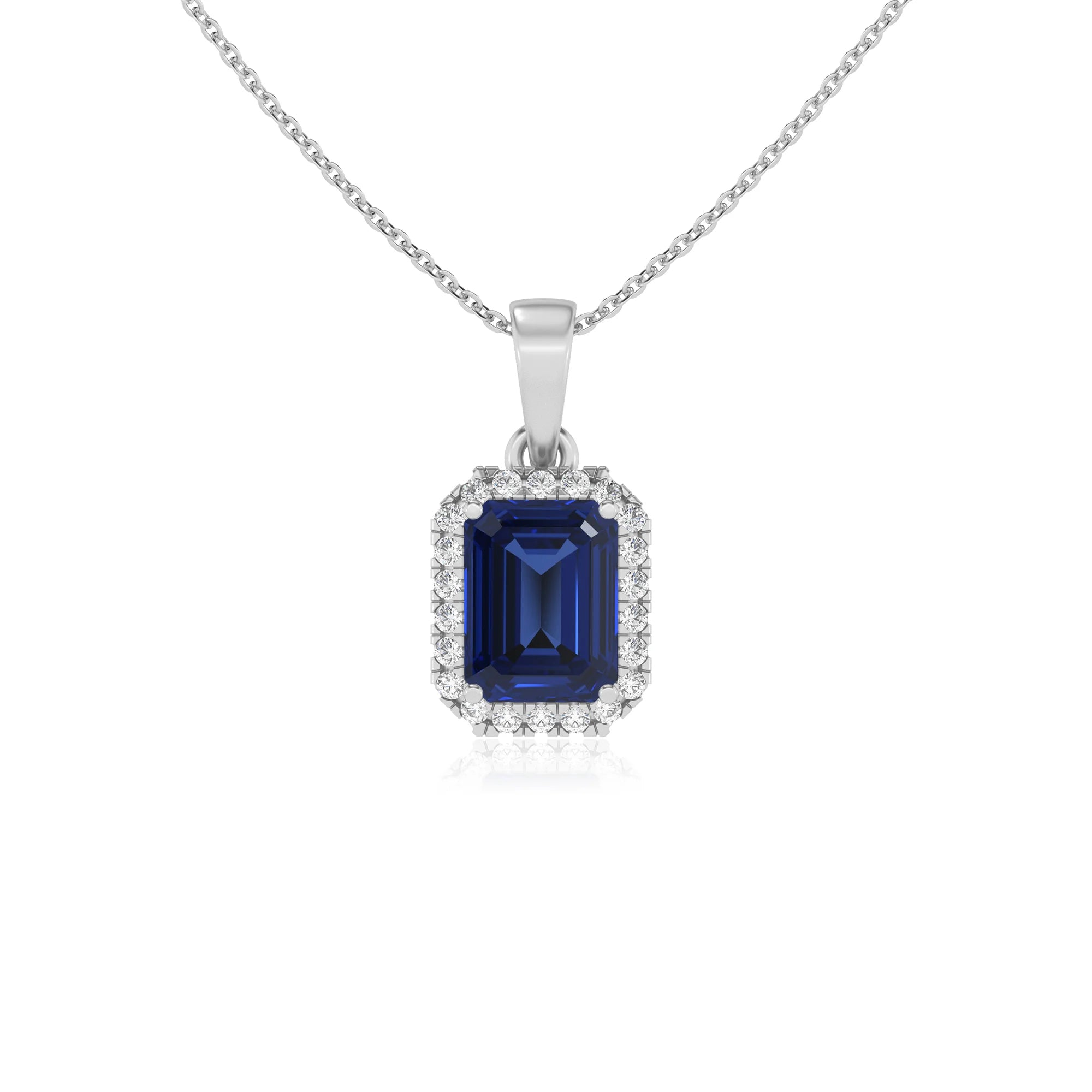 lab grown blue-sapphire emerald cut solitaire necklaces in white gold 
