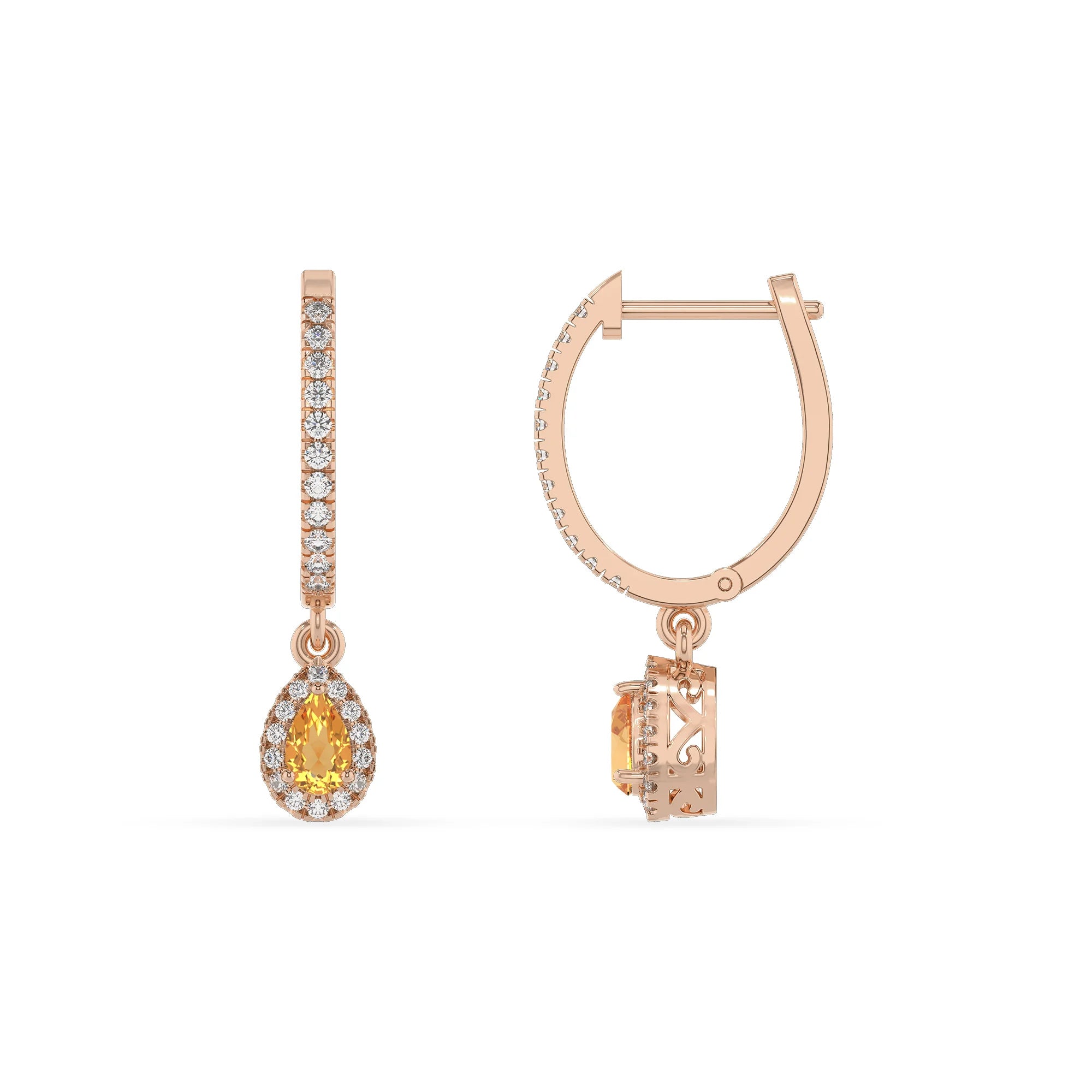 lab grown citrine pear drop earrings in rose gold 