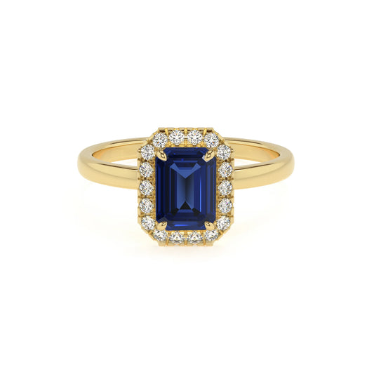 lab grown blue-sapphire emerald cut solitaire rings in yellow gold 