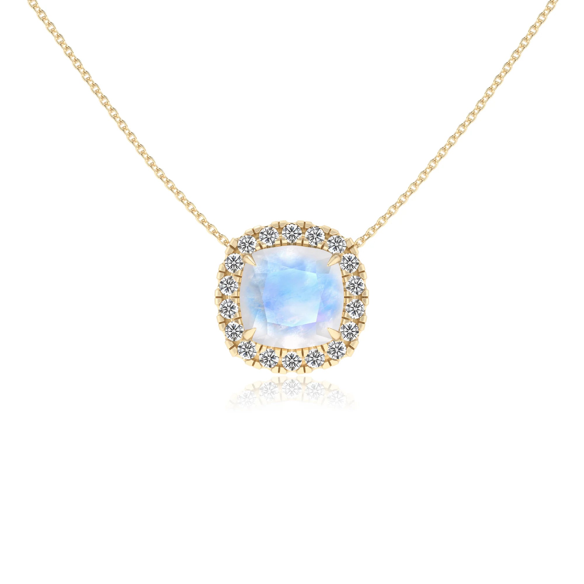 natural rainbow moonstone cushion solitaire necklaces in yellow gold 