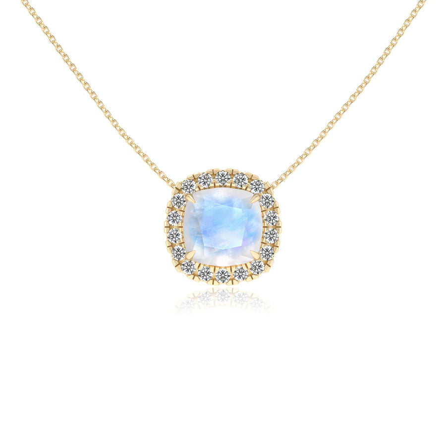 natural rainbow moonstone cushion solitaire necklaces in yellow gold 