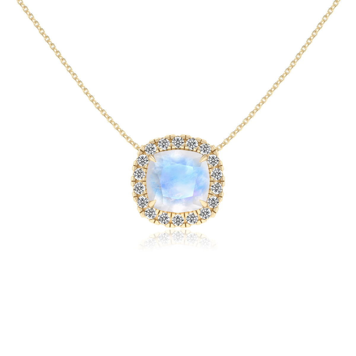 natural rainbow moonstone cushion solitaire necklaces in yellow gold 