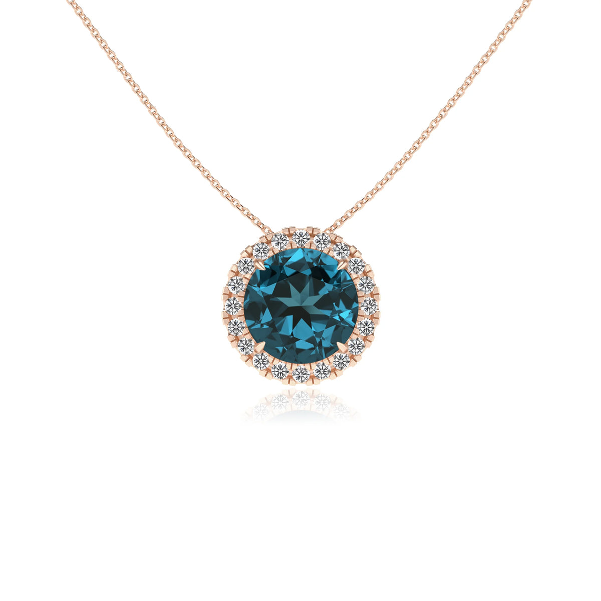 natural london blue topaz round solitaire necklaces in rose gold 