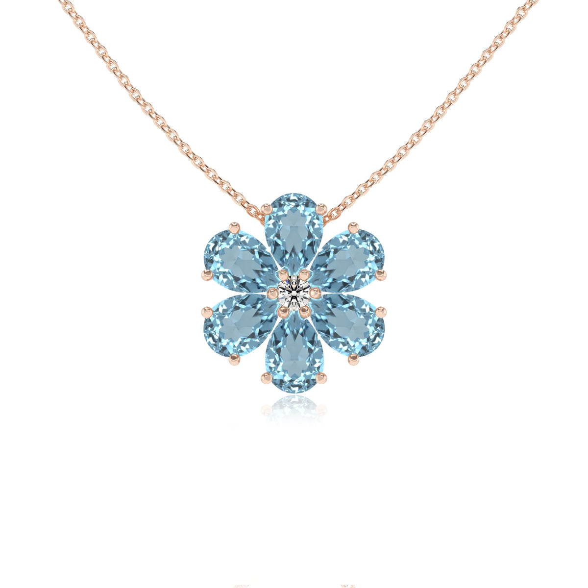 lab grown aquamarine pear solitaire necklaces in rose gold 