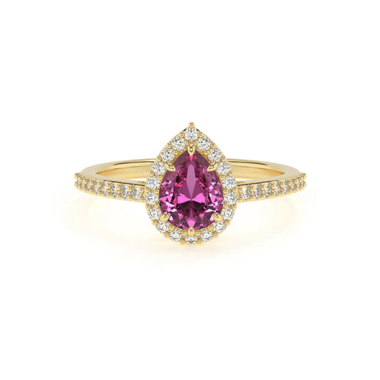 lab grown pink-sapphire pear solitaire rings in yellow gold 