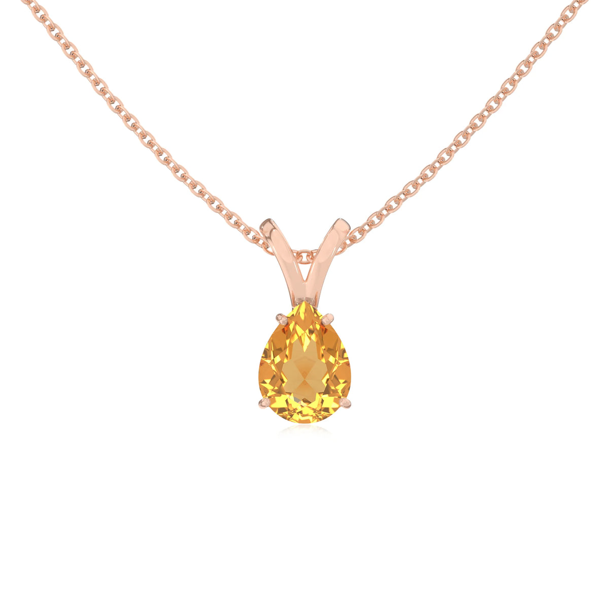 lab grown citrine pear solitaire v-bale necklaces in rose gold 
