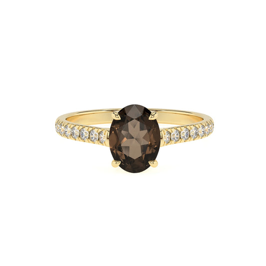 natural smoky-quartz oval half eternity solitaire engagement rings in yellow gold 