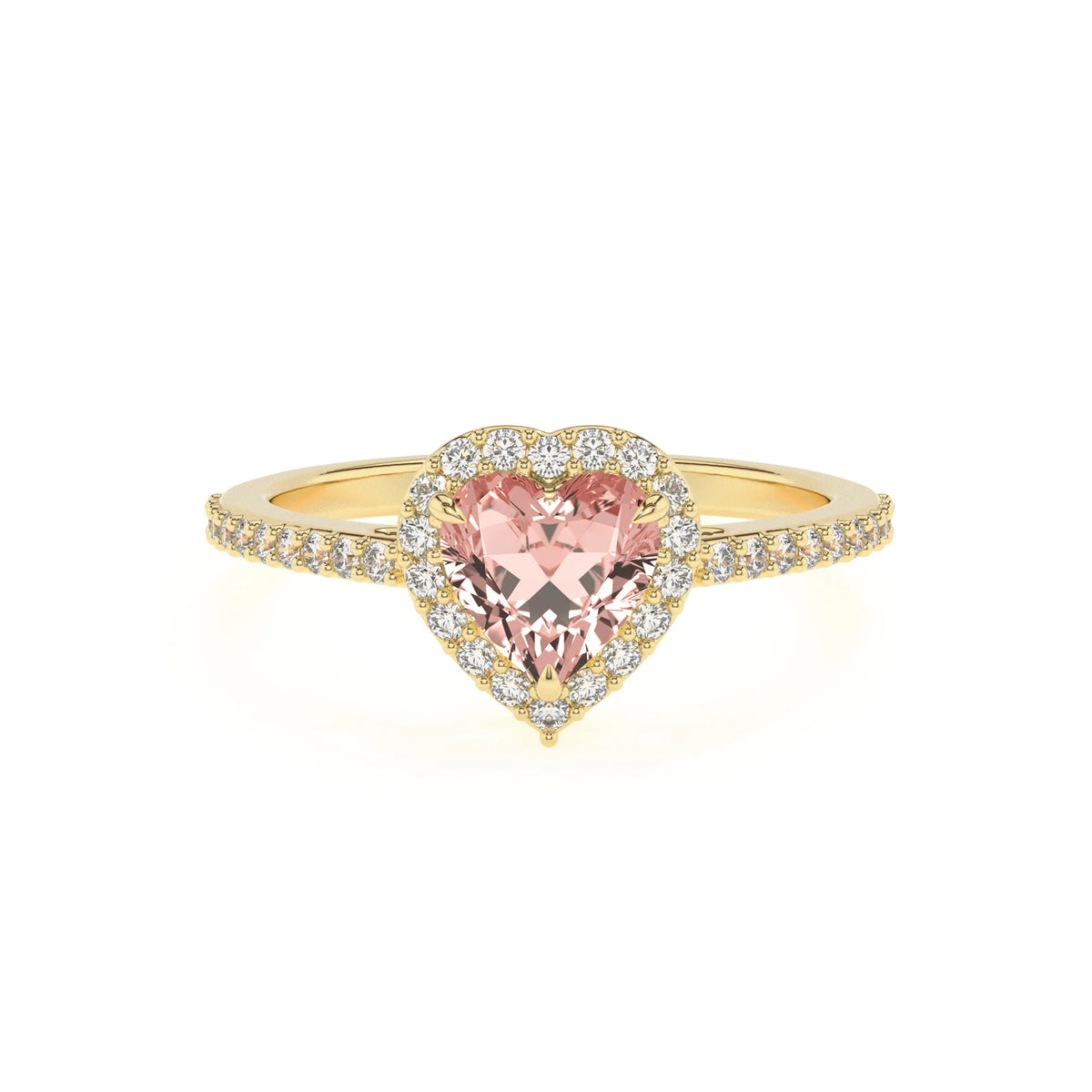 lab grown morganite heart solitaire rings in yellow gold 