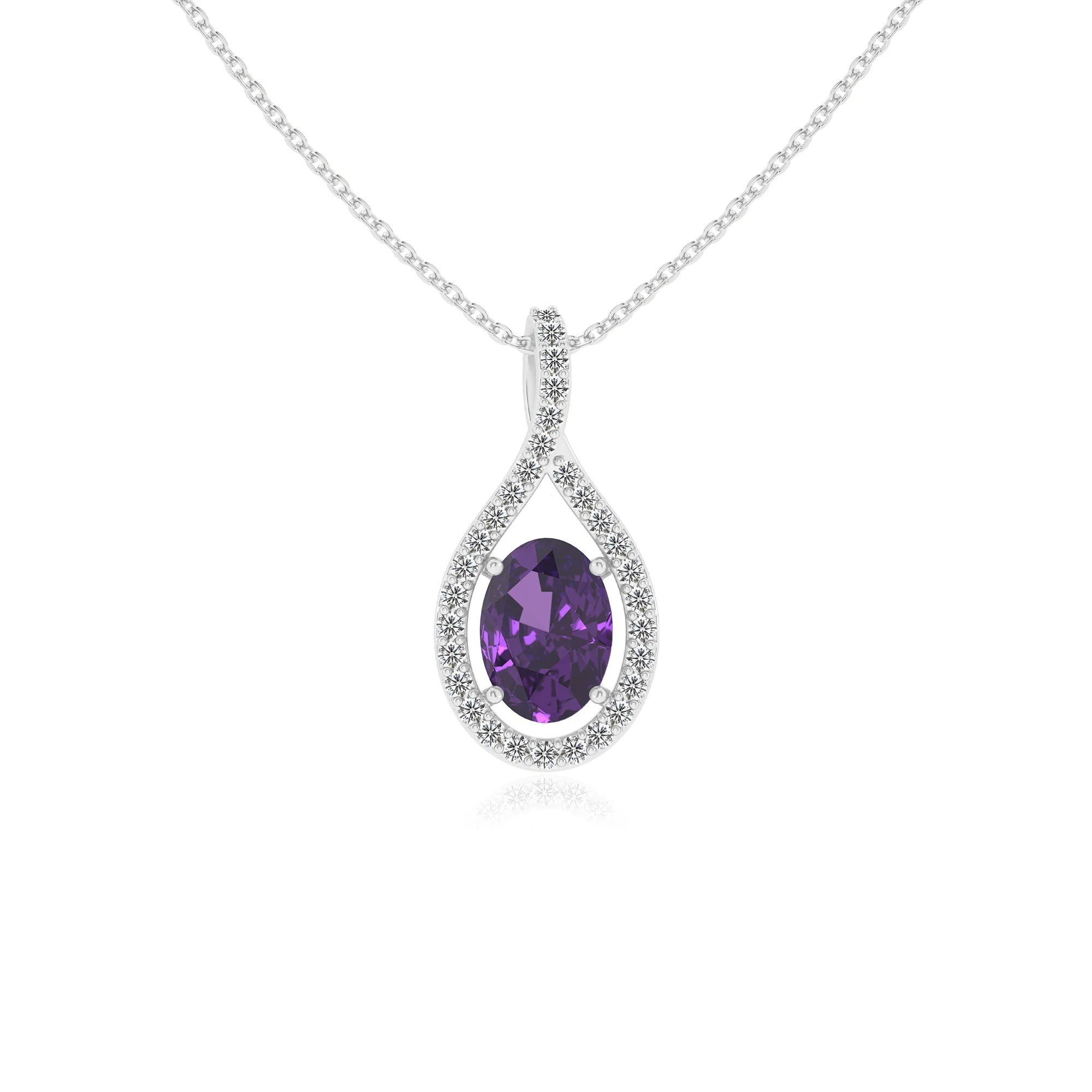 lab grown amethyst oval solitaire necklaces in white gold 