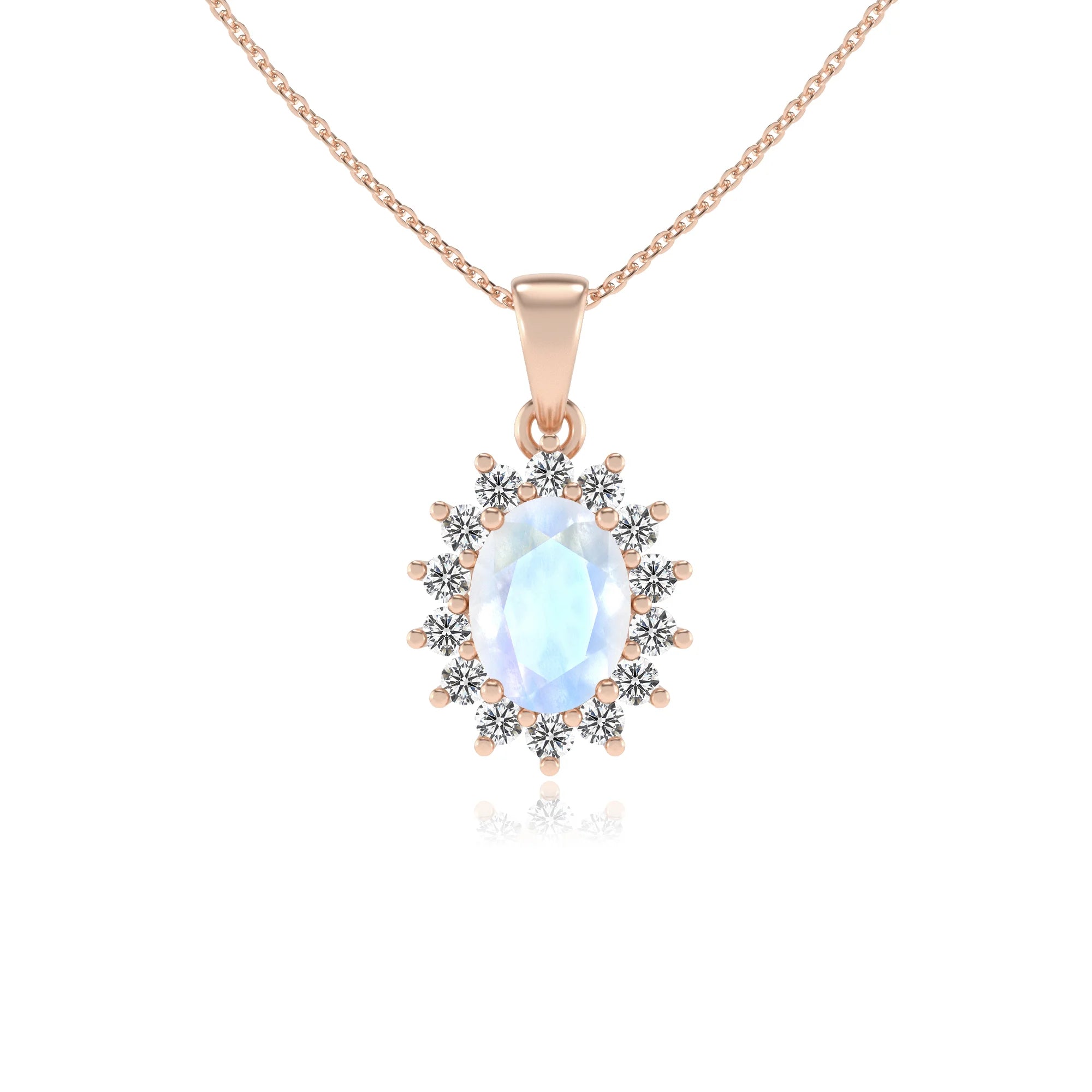 natural rainbow-moonstone oval halo necklaces in rose gold 