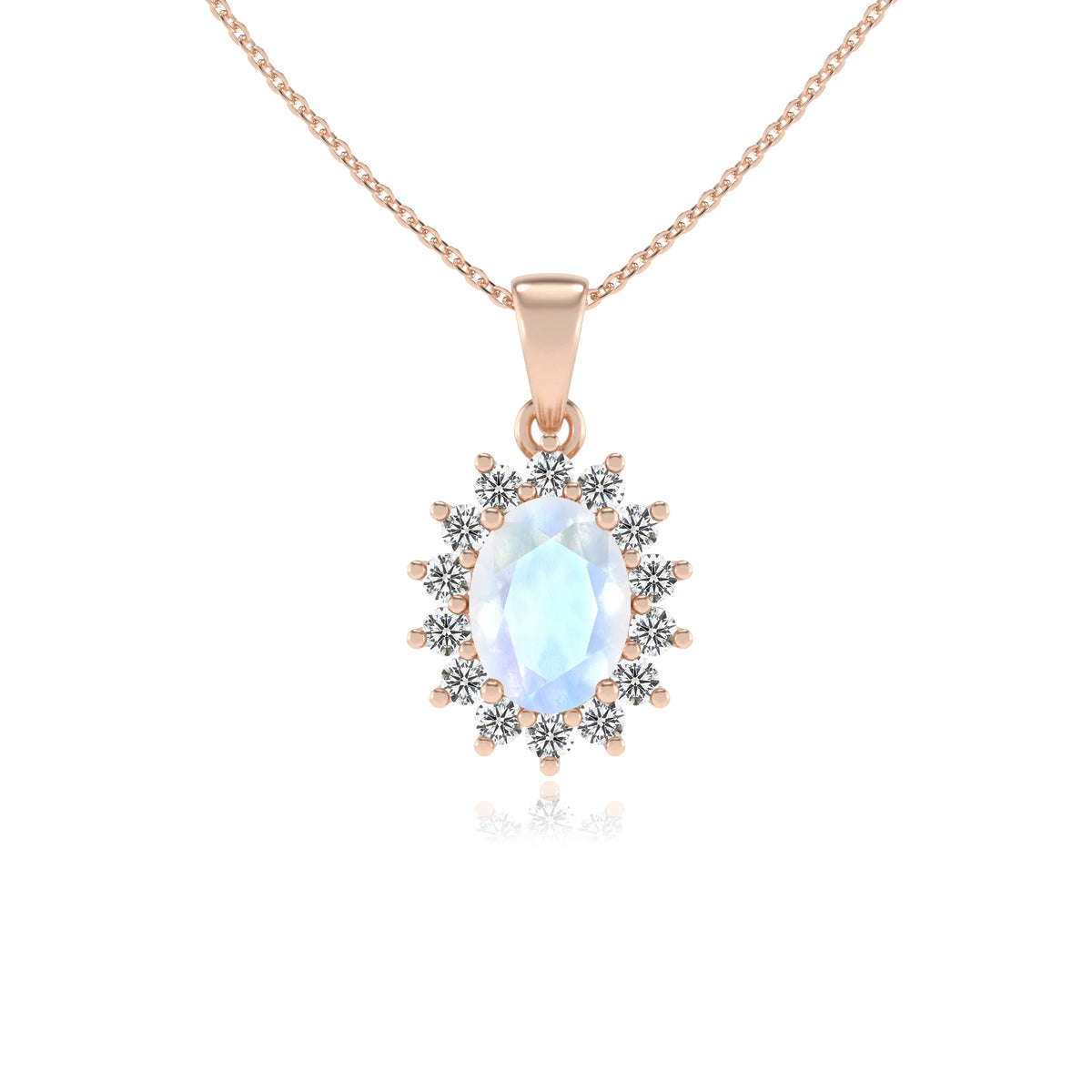 natural rainbow-moonstone oval halo necklaces in rose gold 