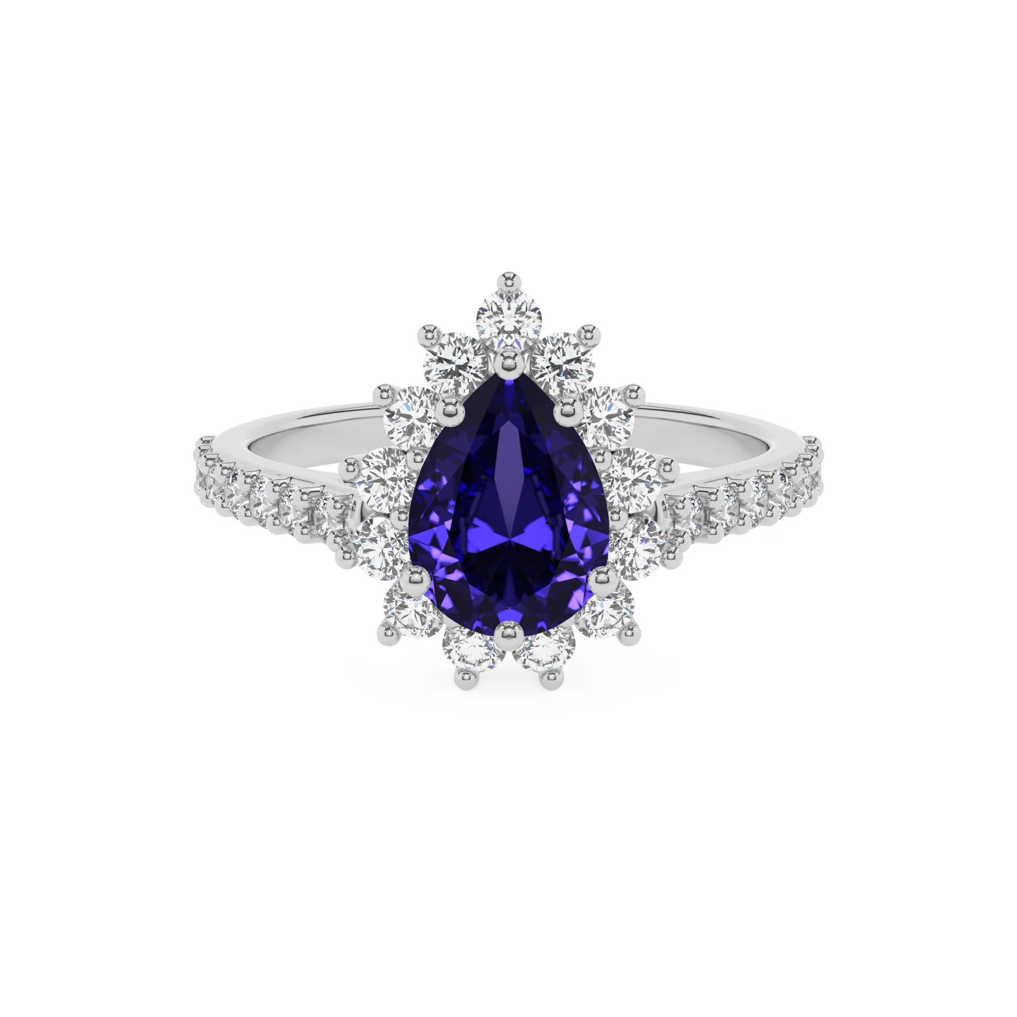 lab grown tanzanite pear solitaire rings in platinum 