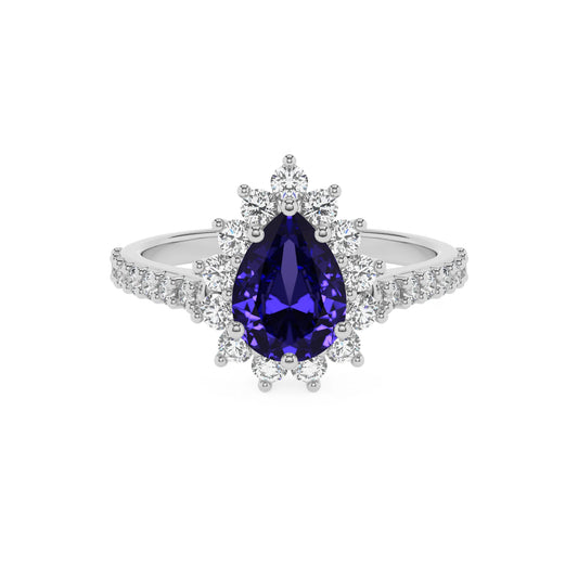 lab grown tanzanite pear solitaire rings in platinum 