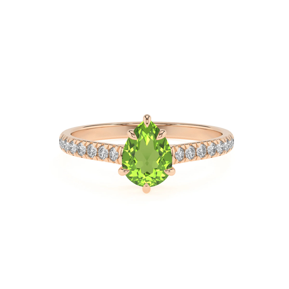 natural peridot pear half eternity solitaire engagement rings in rose gold 
