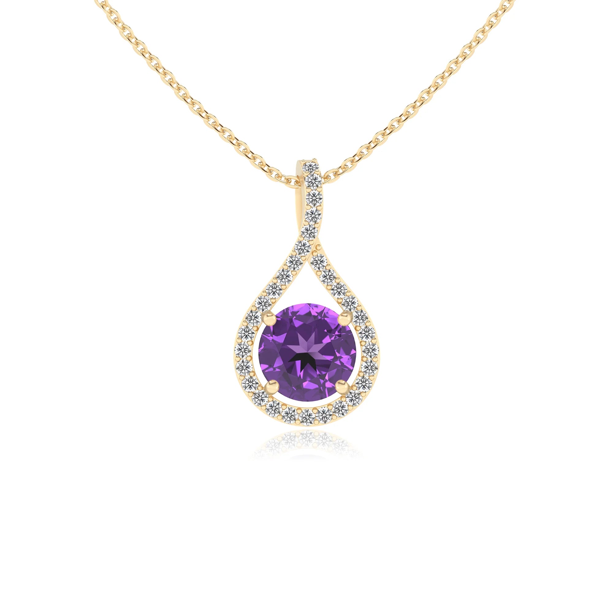 lab grown amethyst round solitaire necklaces in yellow gold 