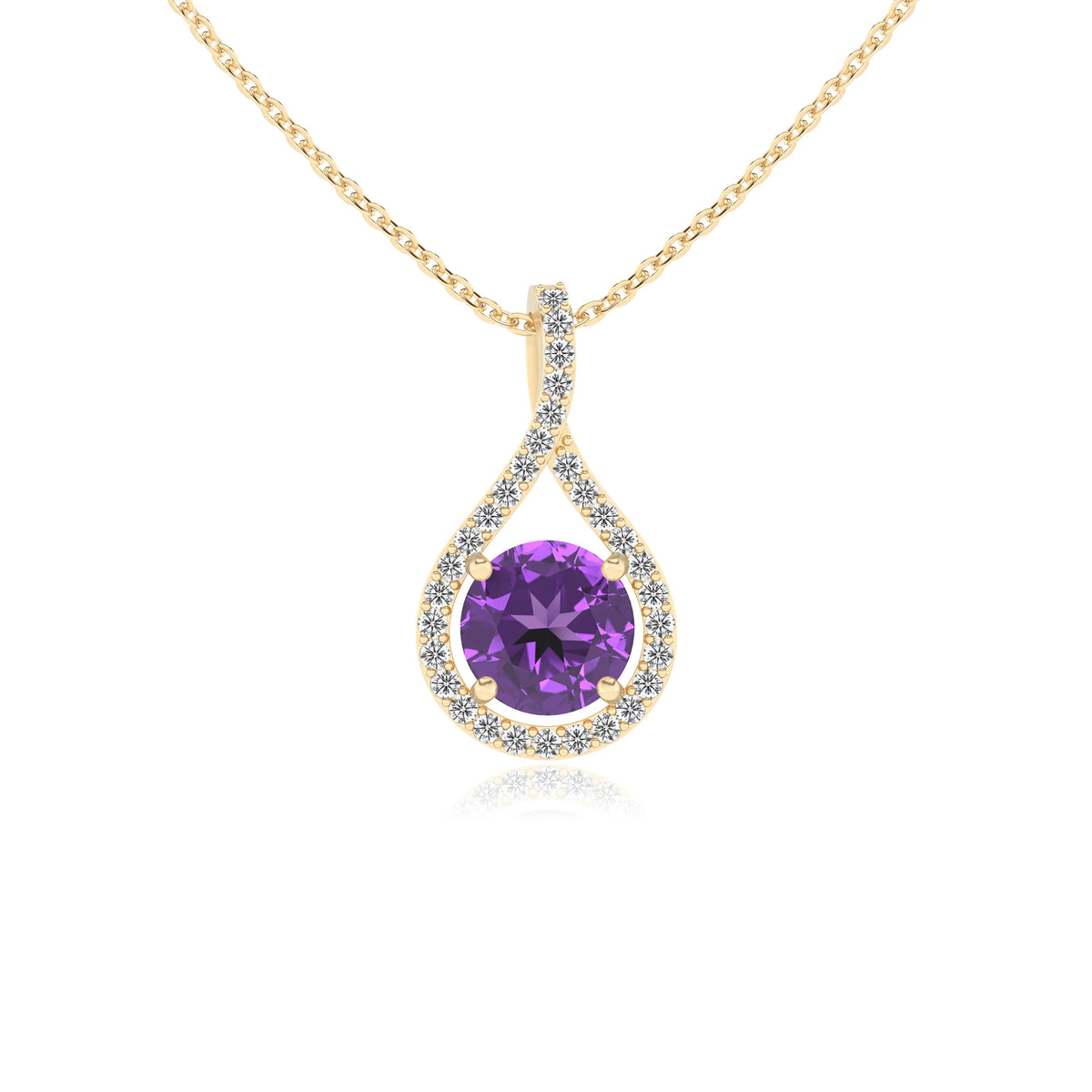 lab grown amethyst round solitaire necklaces in yellow gold 