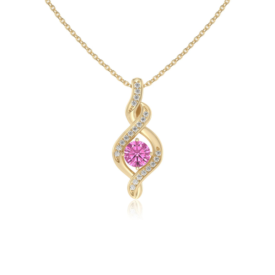 lab grown pink-sapphire round solitaire necklaces in yellow gold 