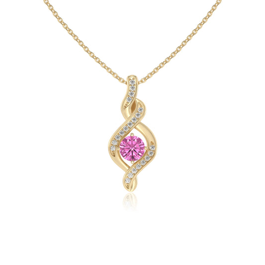 lab grown pink-sapphire round solitaire necklaces in yellow gold 