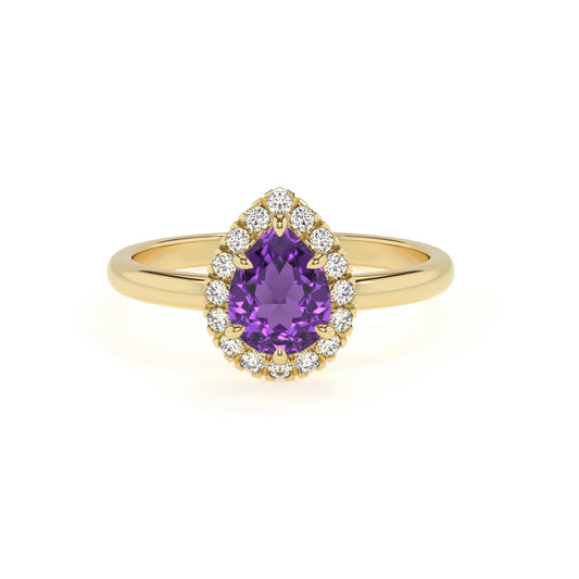 lab grown amethyst pear solitaire rings in yellow gold 