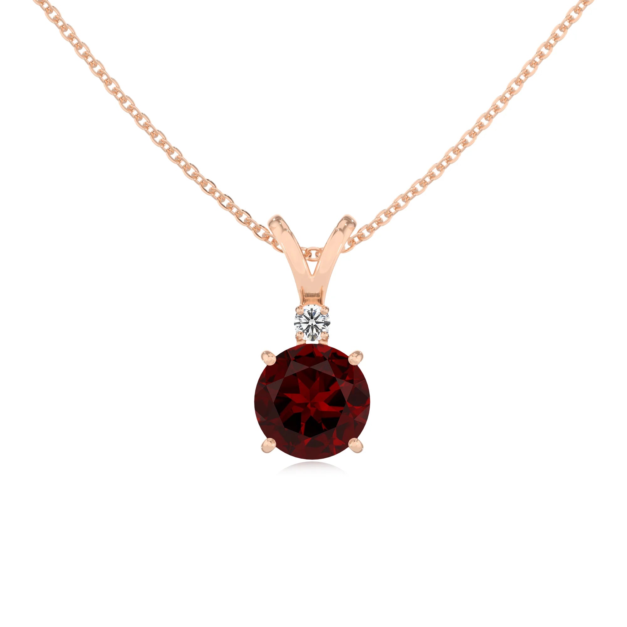 natural garnet round solitaire v-bale necklaces in rose gold 