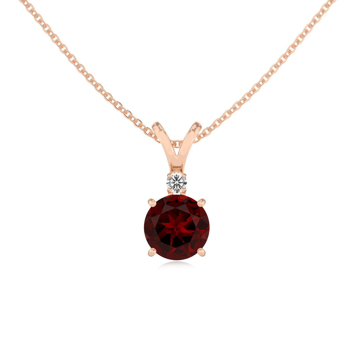 natural garnet round solitaire v-bale necklaces in rose gold 