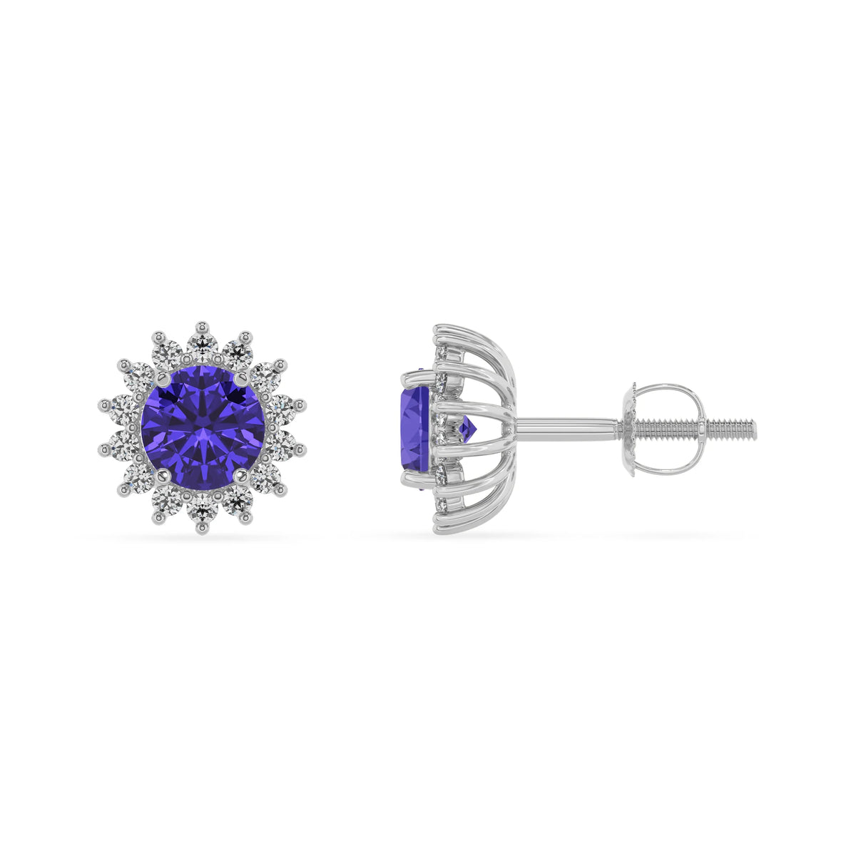 lab grown tanzanite round stud earrings in white gold 