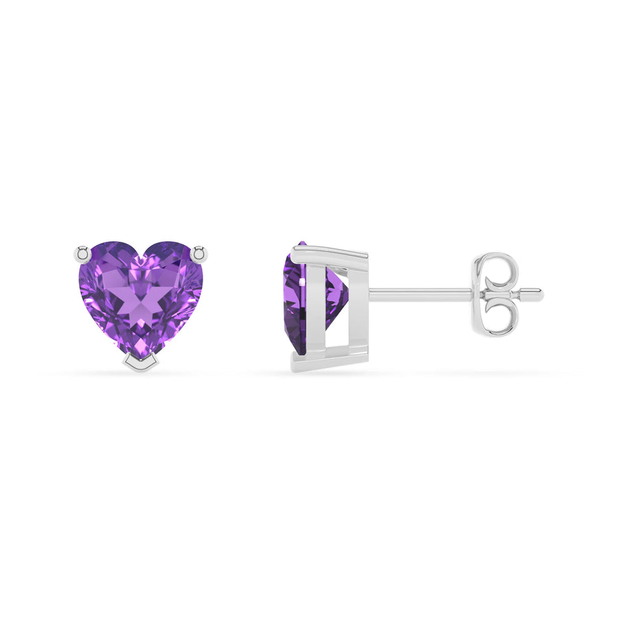lab grown amethyst heart stud earrings in sterling silver 