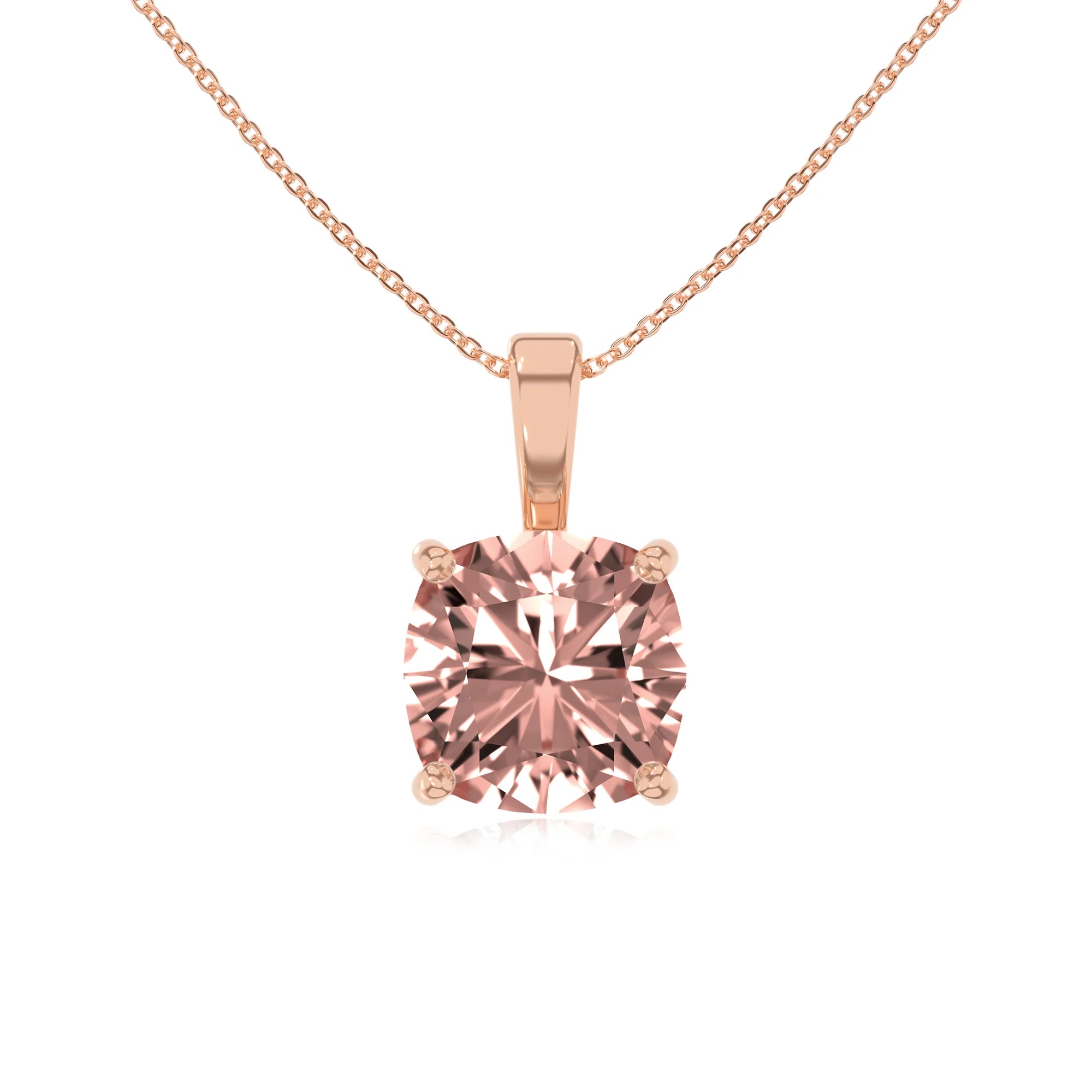 lab grown morganite cushion solitaire necklaces in rose gold 
