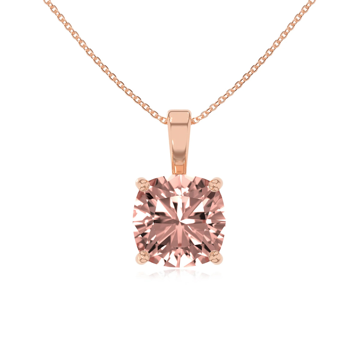 lab grown morganite cushion solitaire necklaces in rose gold 
