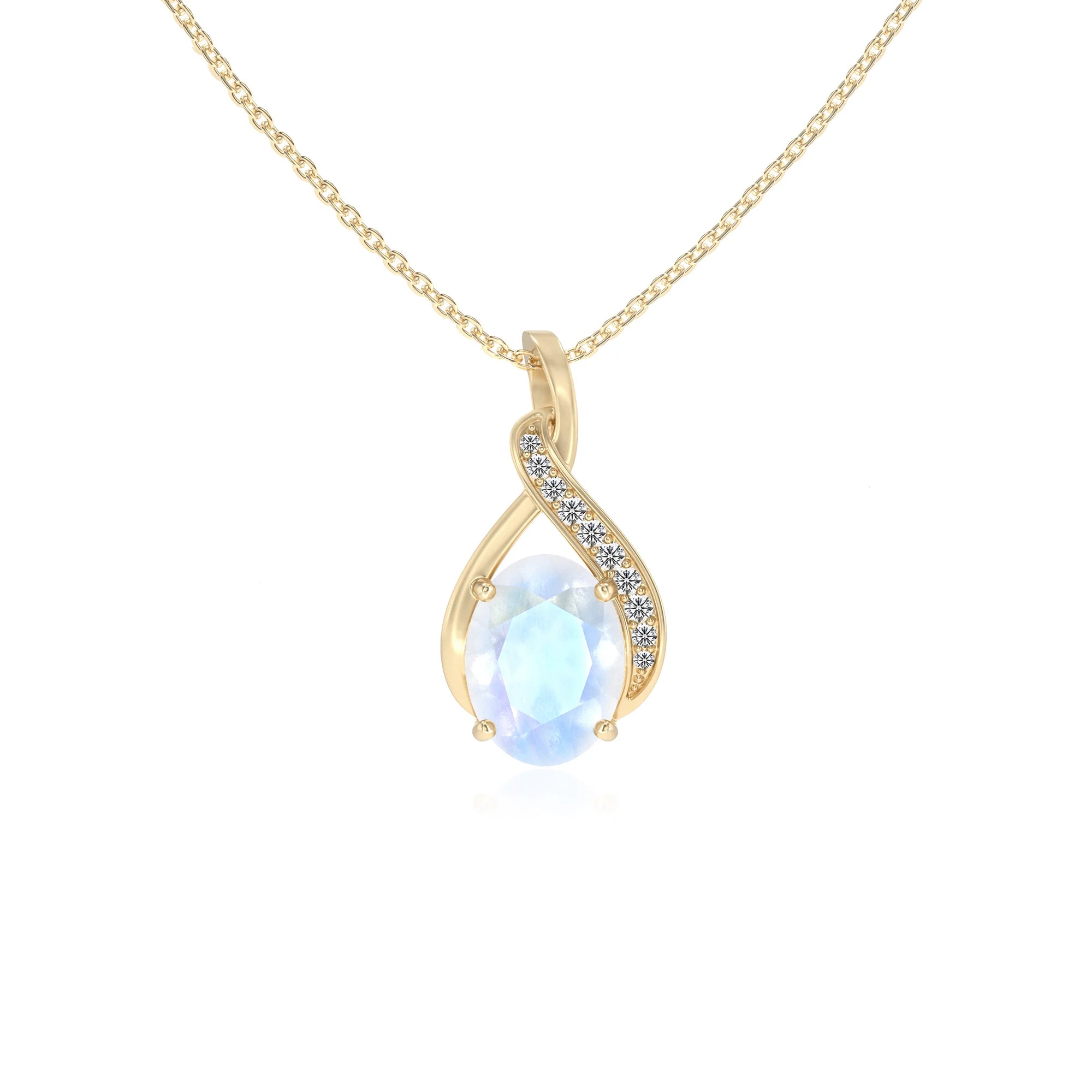natural rainbow-moonstone oval solitaire necklaces in yellow gold 