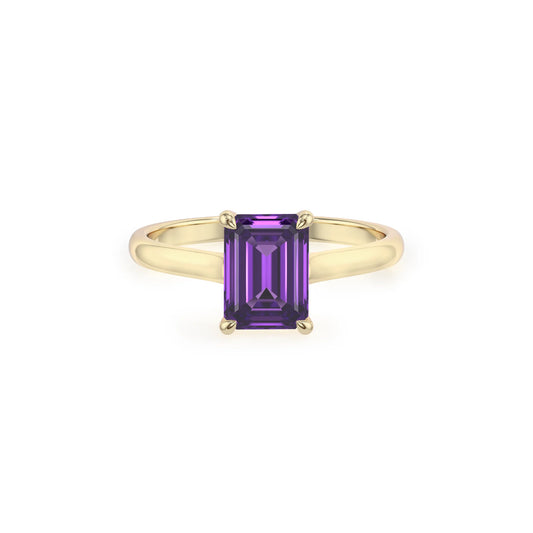 lab grown amethyst emerald cut solitaire rings in yellow gold 