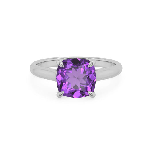 lab grown amethyst cushion solitaire rings in platinum 