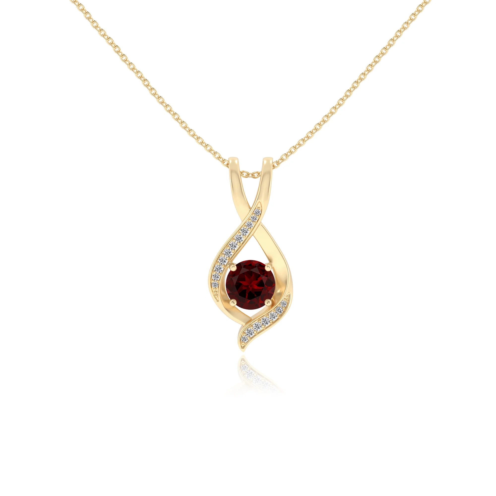 natural garnet round solitaire necklaces in yellow gold 