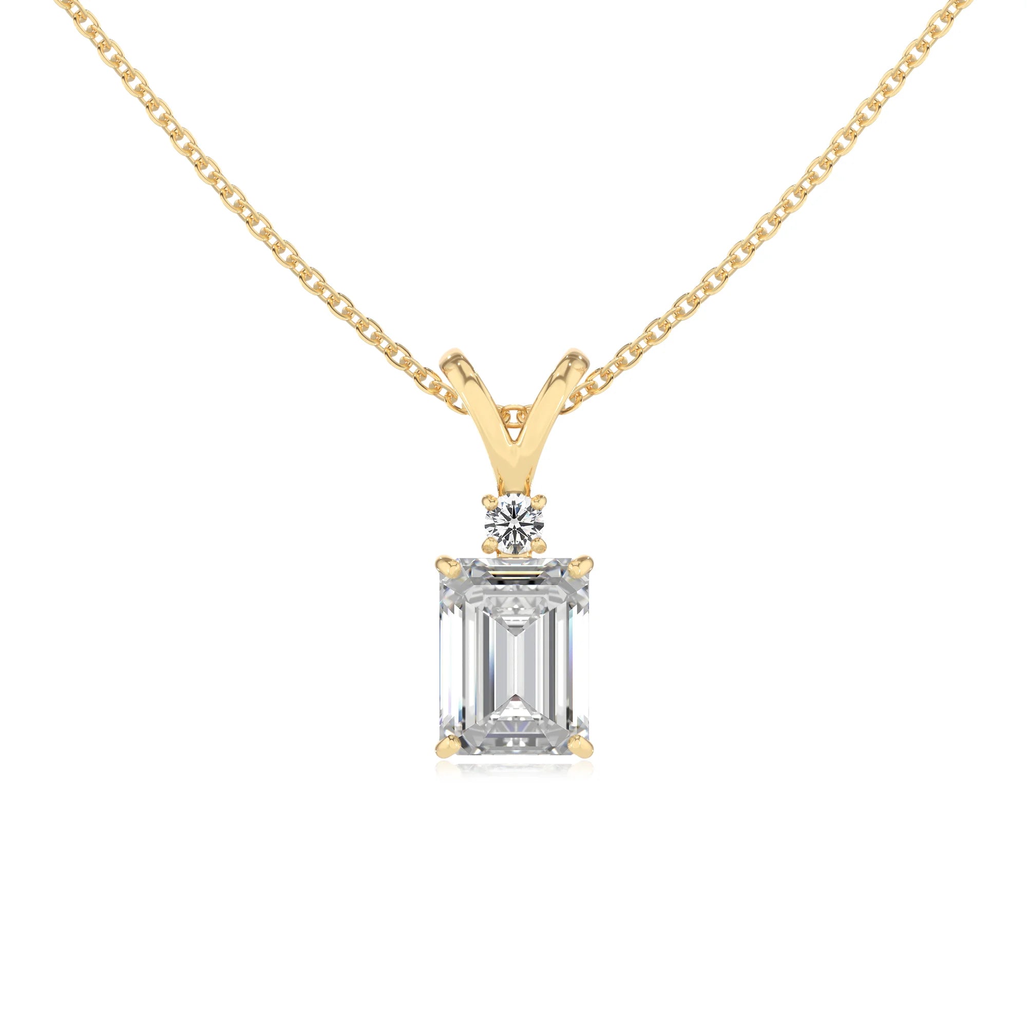 lab grown moissanite emerald cut solitaire v-bale necklaces in yellow gold 
