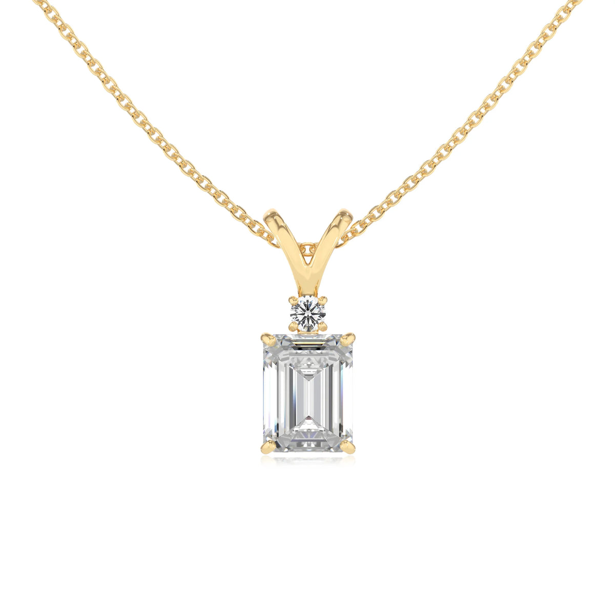 lab grown moissanite emerald cut solitaire v-bale necklaces in yellow gold 