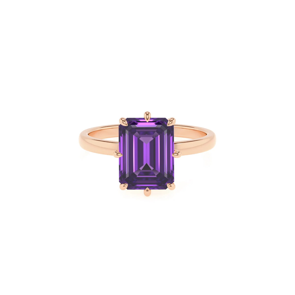 lab grown amethyst emerald cut solitaire rings in rose gold 