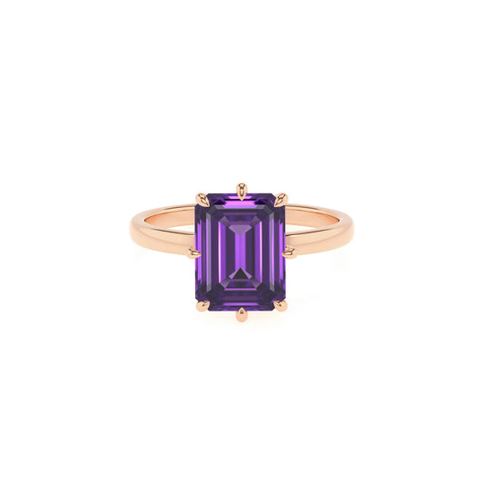 lab grown amethyst emerald cut solitaire rings in rose gold 