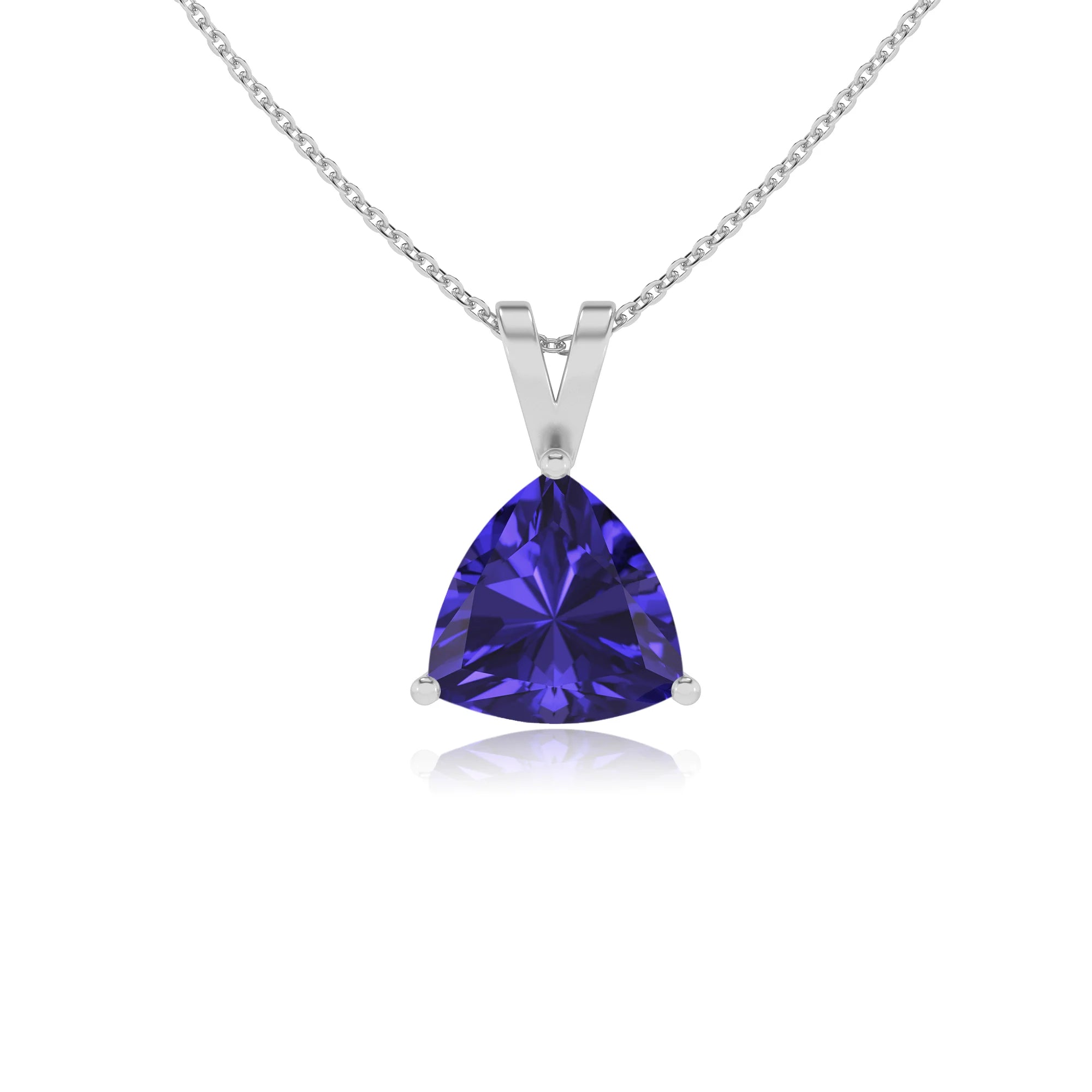 lab grown tanzanite trillion solitaire v-bale necklaces in sterling silver 