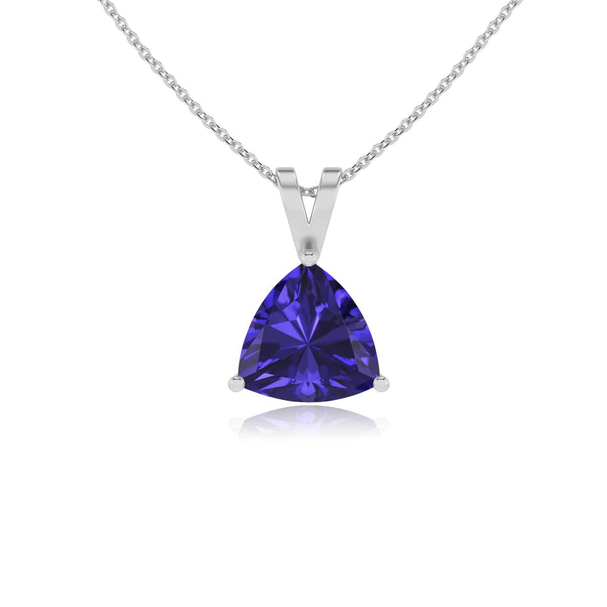 lab grown tanzanite trillion solitaire v-bale necklaces in sterling silver 