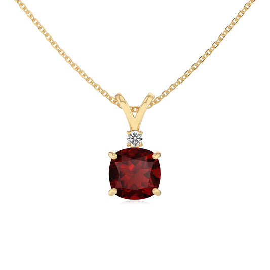 natural garnet cushion solitaire v-bale necklaces in yellow gold 